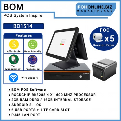 BOM POS System Inspire BD1514 (Customer Display) Package Bundle With BOM BTP80A 80mm Thermal Printer + BOM BCS4045R Cash Drawer RJ11 (405x420x100mm) FOC 5 Roll Receipt Paper BOM POS System Inspire BD1514 (Customer Display) Package Bundle With BOM BTP80A 80mm Thermal Printer + BOM BCS4045R Cash Drawer RJ11 (405x420x100mm) FOC 5 Roll Receipt Paper